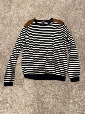 H&M Black and White Striped Crewneck Sweater with Brown Shoulder Panels